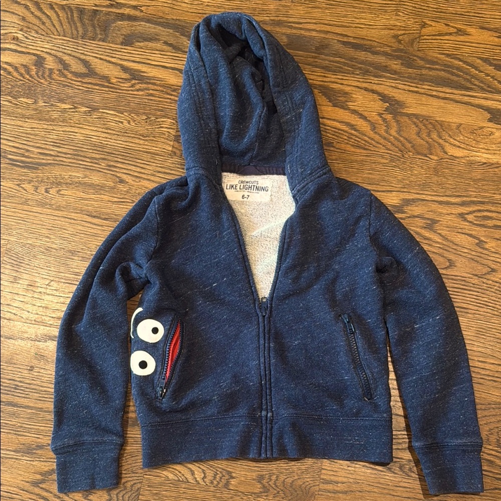 J Crew Crewcuts Blue Zip-Up Hoodie with Smiley pocket. Kids size 6-7